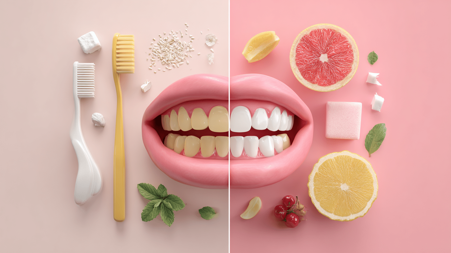 Split image of a mouth: yellowed teeth on left, white teeth on right, with toothbrushes and fruit on pink background.